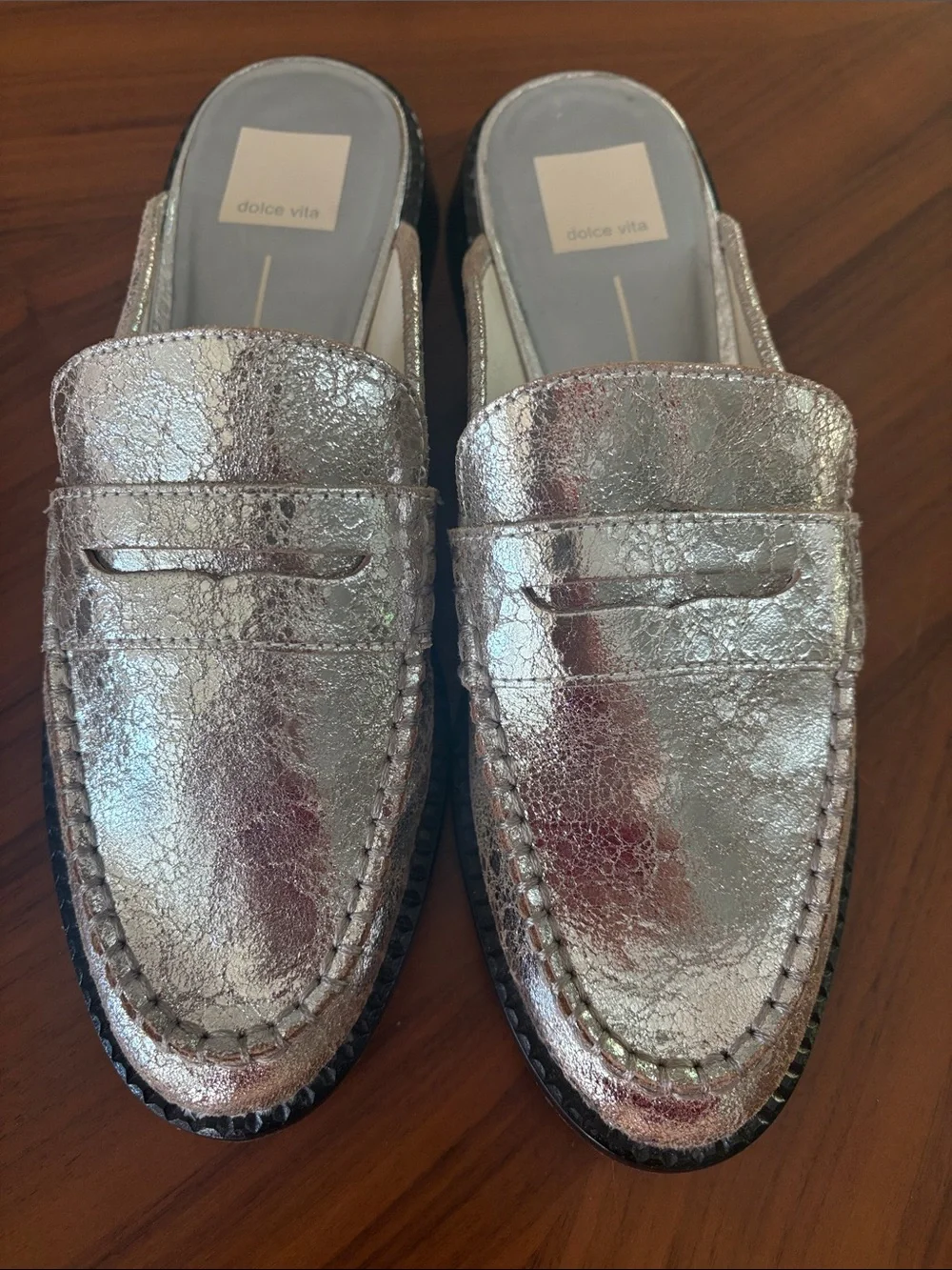 Dolce Vita Silver Cracked Metallic Penny Loafers - Picture 1 of 5